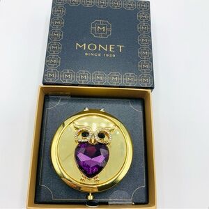 Monet Gold Compact Mirror Purple Crystal Owl Vintage Inspired Giftable